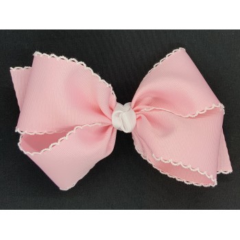 Pink (Light Pink) / White Pico Stitch Bow - 6 Inch
